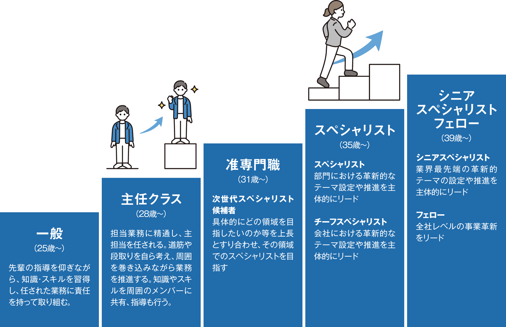 一般（25歳～）先輩の指導を仰ぎながら、知識・スキルを習得し、任された業務に責任を持って取り組む。主任クラス（28歳～）担当業務に精通し、主担当を任される。道筋や段取りを自ら考え、周囲を巻き込みながら業務を推進する。知識やスキルを周囲のメンバーに共有、指導も行う。准専門職（31歳～）次世代スペシャリスト候補者 具体的にどの領域を目指したいのか等を上長とすり合わせ、その領域でのスペシャリストを目指す スペシャリスト（35歳～）スペシャリスト 部門における革新的なテーマ設定や推進を主体的にリード チーフスペシャリスト 会社における革新的なテーマ設定や推進を主体的にリード シニアスペシャリストフェロー（39歳～）シニアスペシャリスト 業界最先端の革新的テーマの設定や推進を主体的にリード フェロー 全社レベルの事業革新をリード